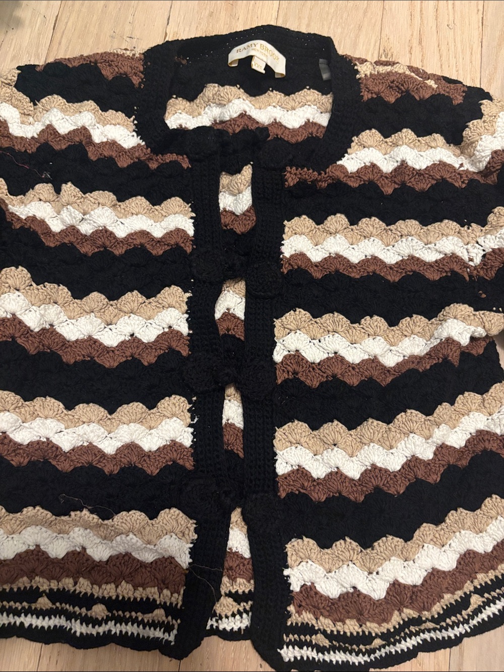 Ramy Brook Black Chevron Crochet Cardigan with Cream, Tan, and Brown Stripes